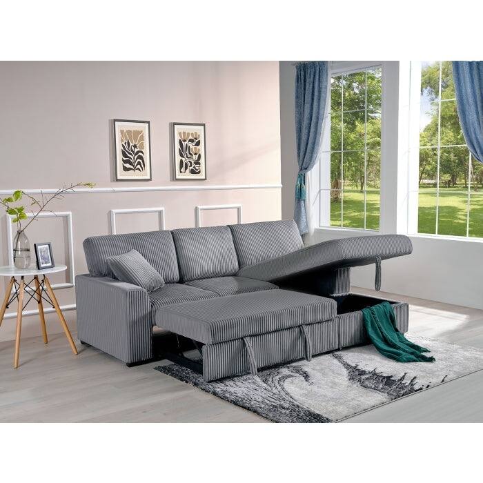 Corduroy Fabric Pull Out Sectional Sofa Bed with Storage Chaise and Pillows