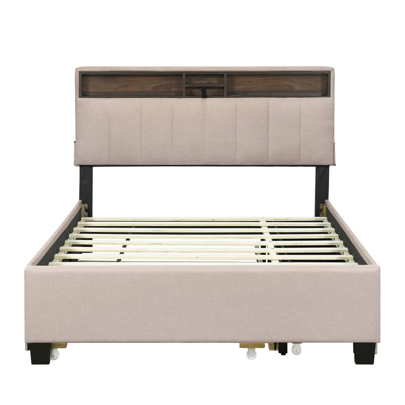 Full Size Upholstered Platform Bed with Storage Headboard, Twin Trundle, Drawers & USB Ports, Beige Linen Fabric