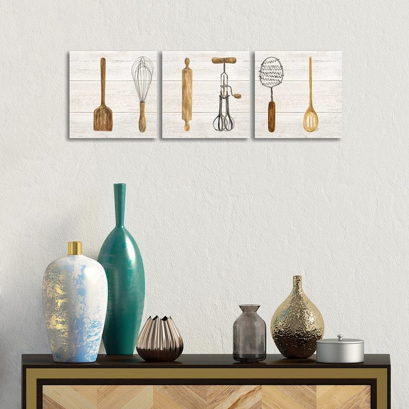 iCanvas "Vintage Kitchen Utensils Panel" by Tara Reed 3-Piece Canvas Wall Art Set - 12x36x1.5