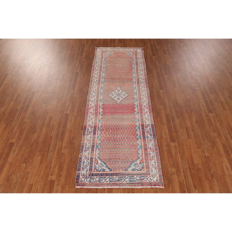 Hand Knotted Oriental 100% Wool Carpet Traditional Geometric Oranges & Rust Botemir Runner Rug - 9' 6'' X 3' 4''