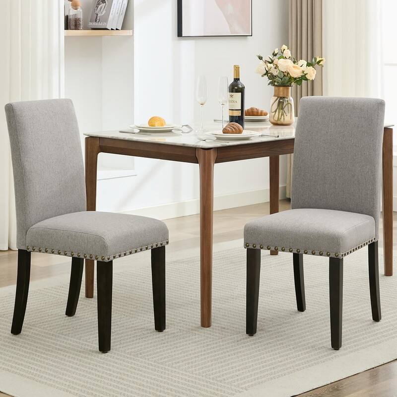 Set of 2 Modern Dining Chairs - Ergonomic Fabric Upholstered w/Wood Legs - 265lbs - Easy-Clean & Floor-Safe - 15 Min Assembly - Gray+Rivet