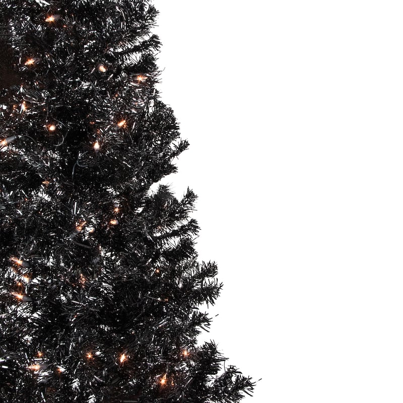 6' Pre-Lit Black Artificial Tinsel Christmas Tree, Clear Lights - 6 Foot
