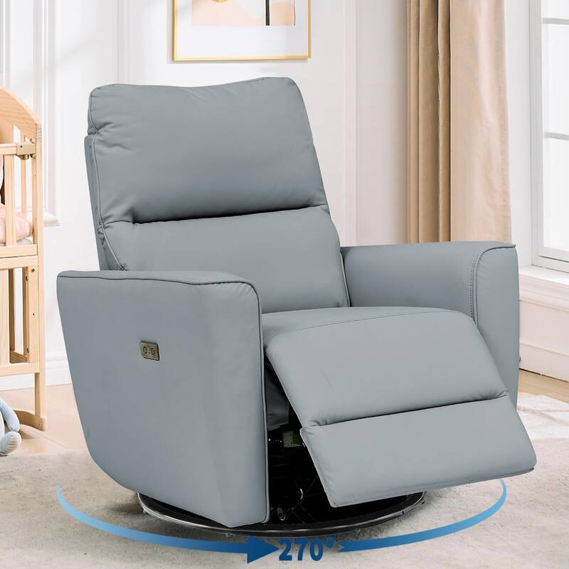 Power Recliner Swivel Chair Rockery Glider PU Leather Nursery Chair with USB Port