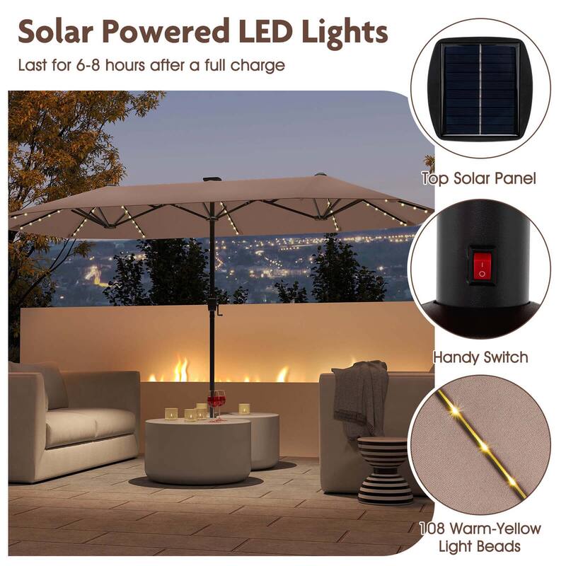 Costway 13 FT Large Patio Umbrella with LED Solar Lights Crank Handle
