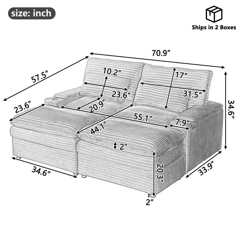 70.9" Loveseat Sectional Convertible Sofa with Ottomans and Storage Space, USB Ports