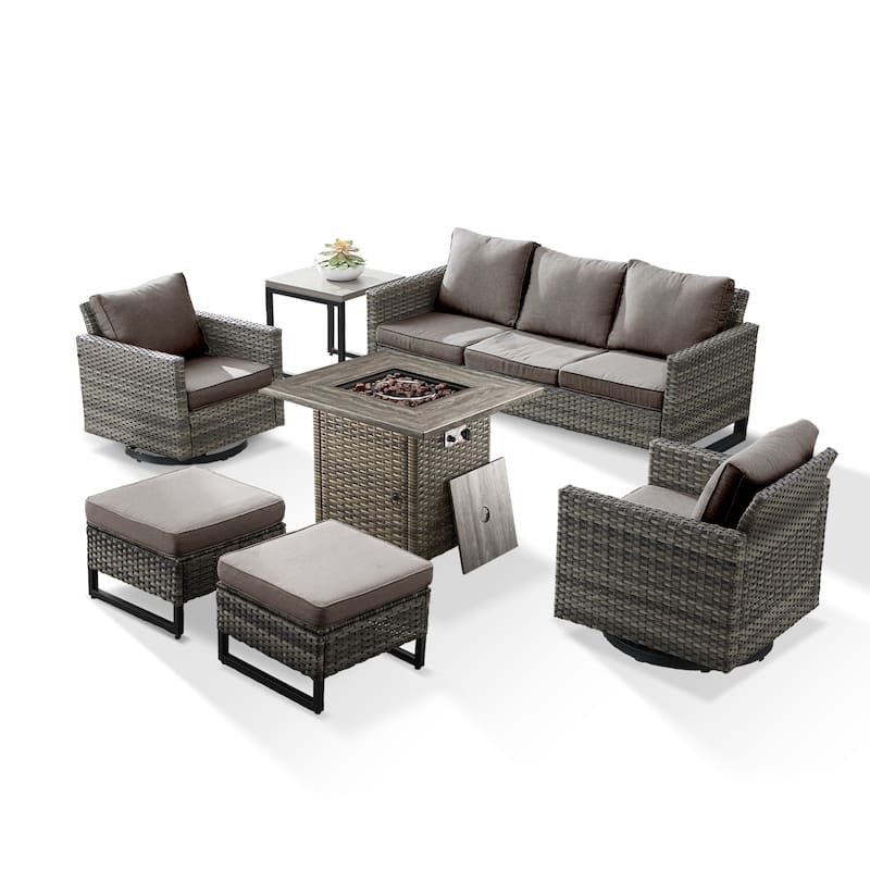 7 Pieces Fire Pit Table with Sofa Swivel Chair Ottoman Set