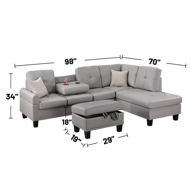 3 Piece Faux Leather Sectional Sofa Set with Storage Ottoman