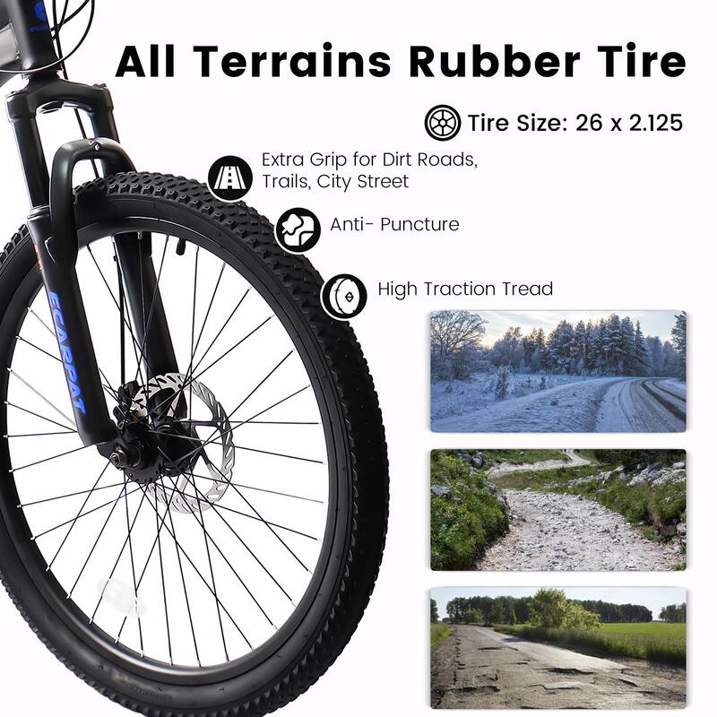 26" Mountain Bike - 21-Speed, Disc Brakes, Durable Frame, Front & Rear Dual-Shock Absorption