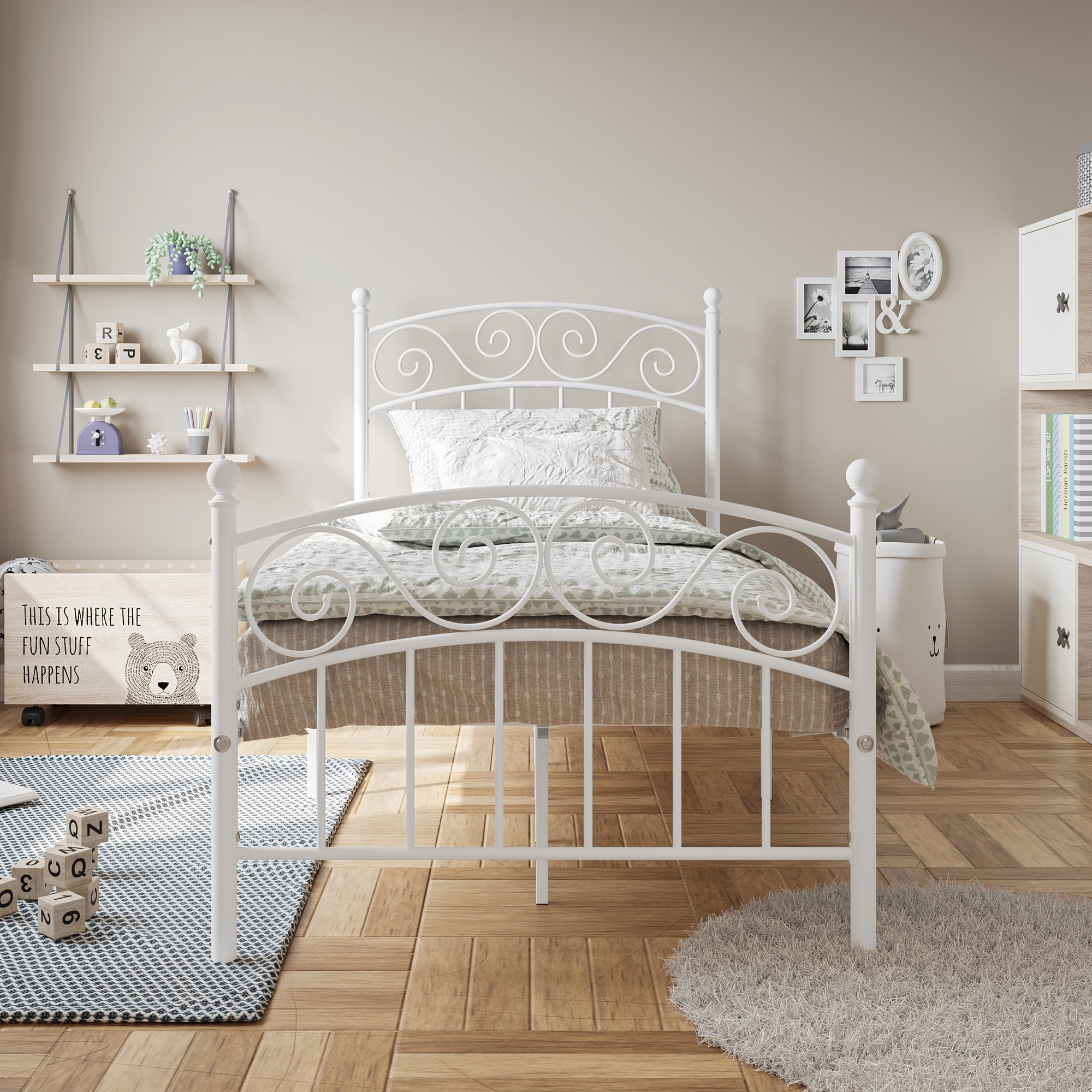 White Twin Metal Platform Bed Frame with Headboard and Footboard