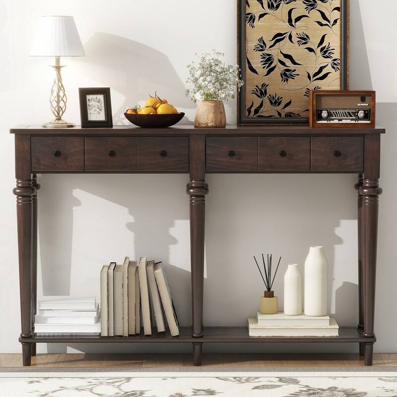 Retro Console Table with Open Shelf and 4 Drawers for Entryways