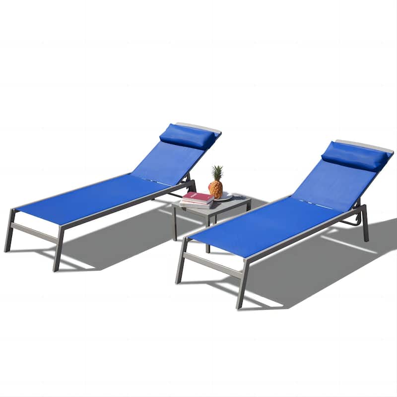 5 Adjustable Aluminum Outdoor 2 Chaise Lounge Chair with Pillow and 1 Table in Blue