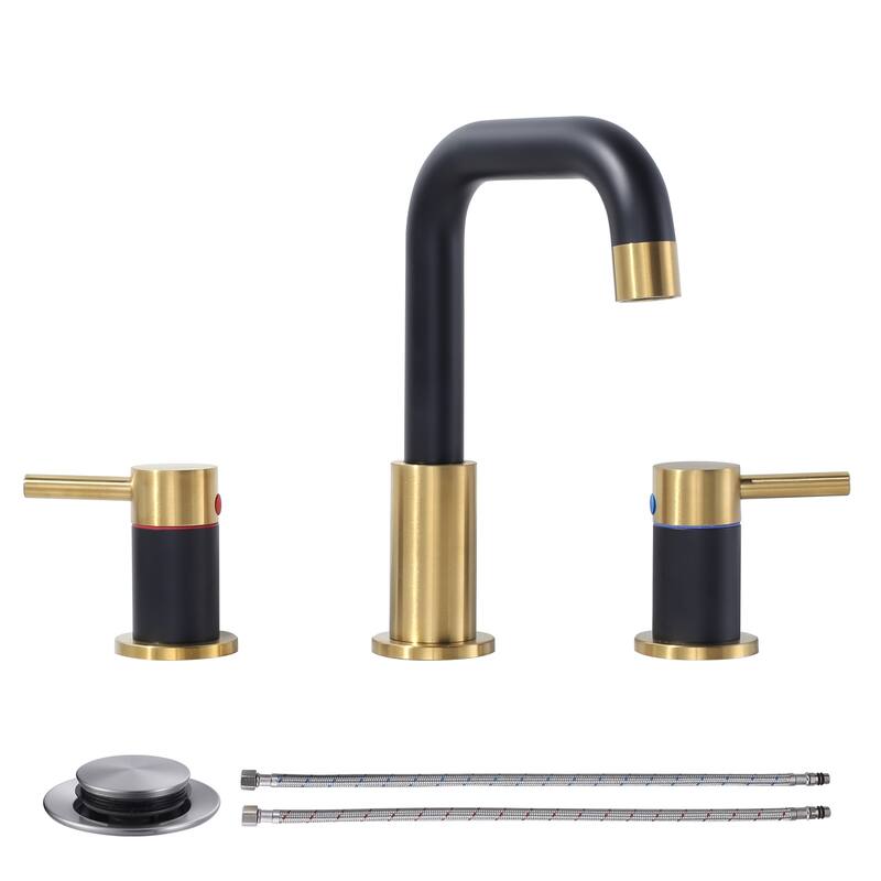 WOWOW 8 in. Widespread Double Handle Bathroom Faucet with Pop-Up Drain - Gold and Black