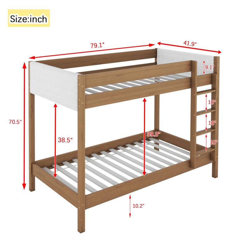 Natural Bunk Bed Twin Over Twin Size Bed Frame with Ladder, Guardrails, Teddy Fleece Fabric Headboard and Footboard