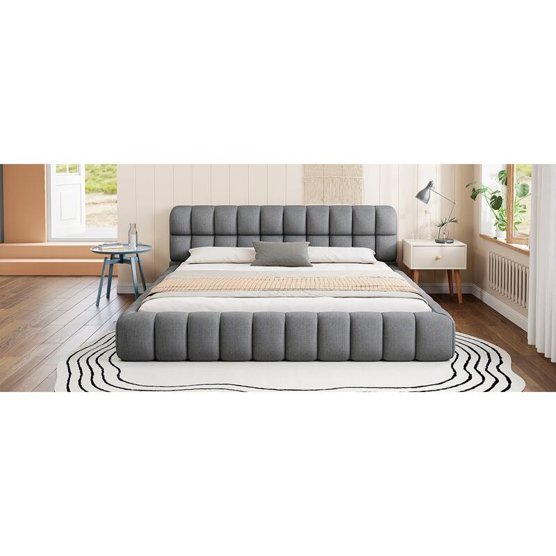 Roomfitters King Size Upholstered Platform Bed, Low Profile Fabric Bed Frame with Solid Wood Support