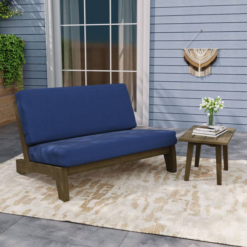 Outdoor Sectional Furniture Teak Conversation Set with Side Table - Brown Wood - Navy/Loveseat Whole