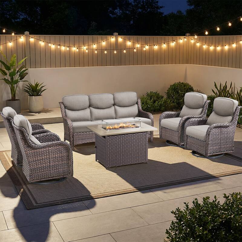 Pocassy Outdoor Fire Pit Sofa Swivel Chairs Ottoman Furniture Set - Brown Wicker Gray Cushion - 6-Piece Sofa Swivel Chair w/ Fie Pit Table
