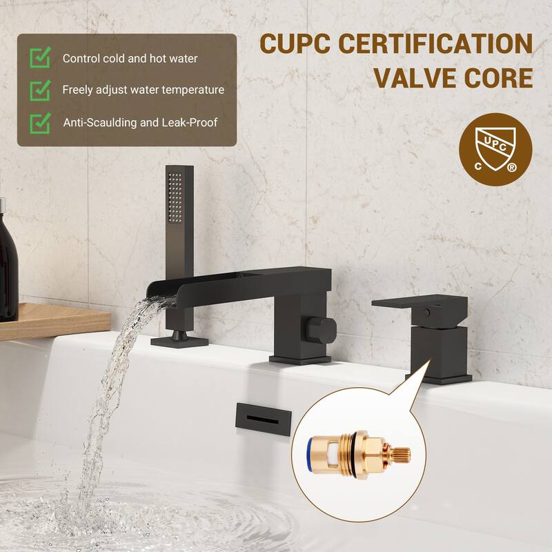 Bathtub Filler Faucet with Sprayer, Double-Handle Deck-Mount Roman Tub Faucet with Handshower, Pressure Balanced Valve Included