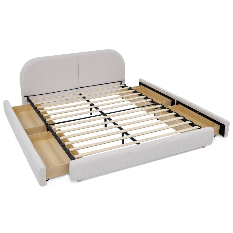 Queen Size Upholstered Bed Frame Modern Minimalist Style - Circle Yarn Fabric, Tall Curved Headboard