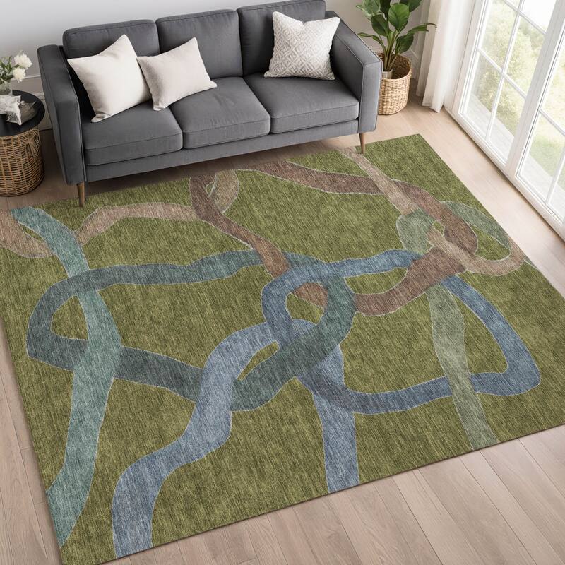 Machine Washable Indoor/ Outdoor Abstract Links Chantille Rug