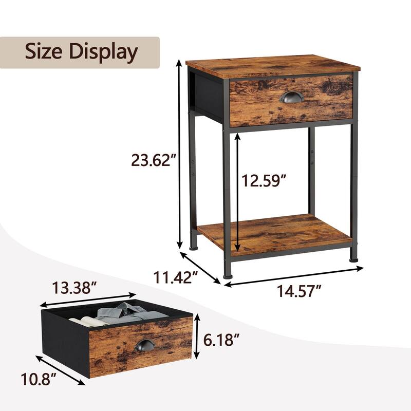 Nightstands Set of 2, Industrial End Table with Fabric Drawer&Storage Shelf, Small Bedside Table Organizer for Small Space