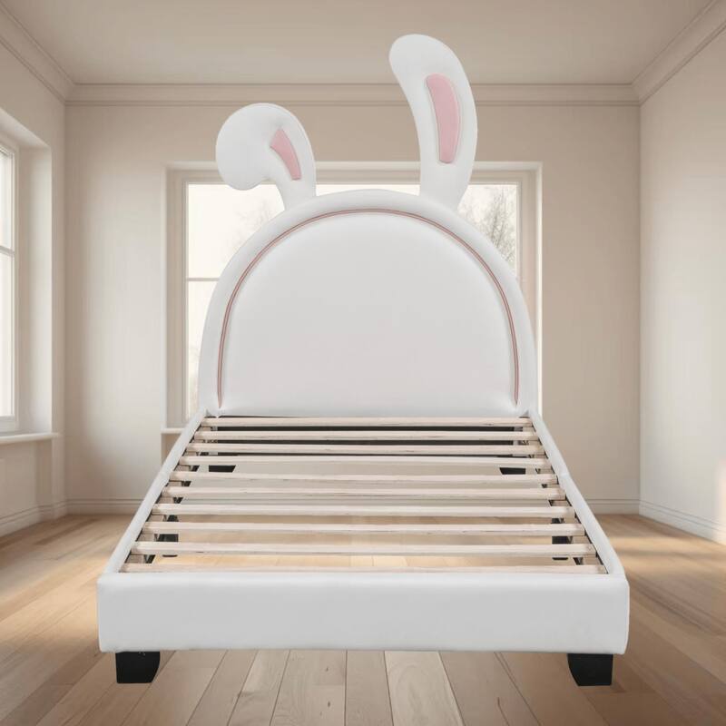 Charming Twin Size PU Leather Upholstered Leather Platform Bed Frame with Adorable Rabbit Ornament for Kids Bedroom - White - Twin