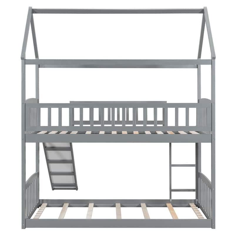 Twin Over Twin Bunk Bed with Slide, House Bed with Slide, Gray
