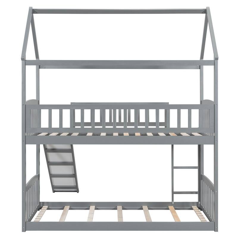 Twin Over Twin Size House Bed Bunk Bed with Slide
