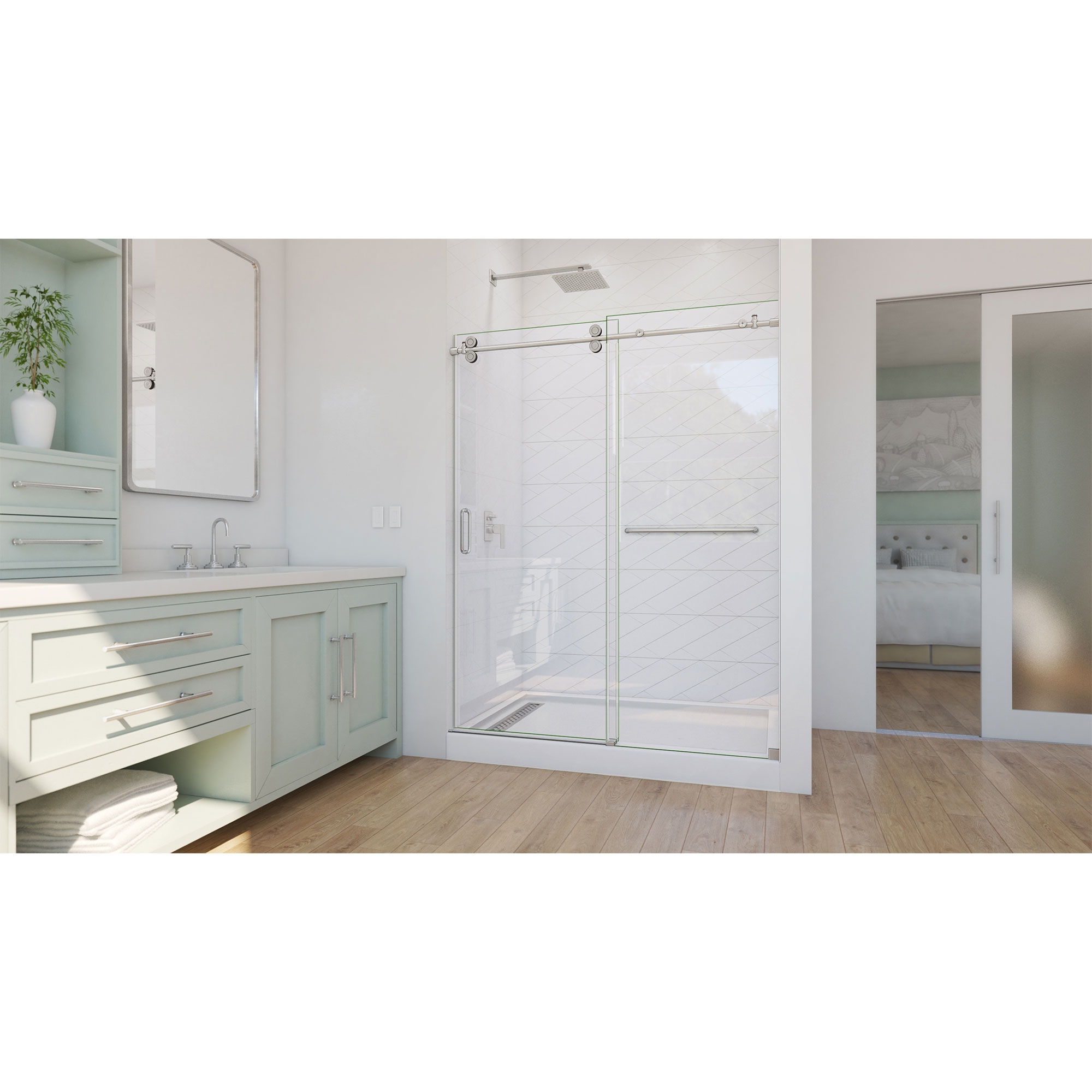 DreamLine Enigma-CXO 56-60 in. W x 76 in. H Fully Frameless Sliding Shower Door in Brushed Stainless Steel with Towel Bar
