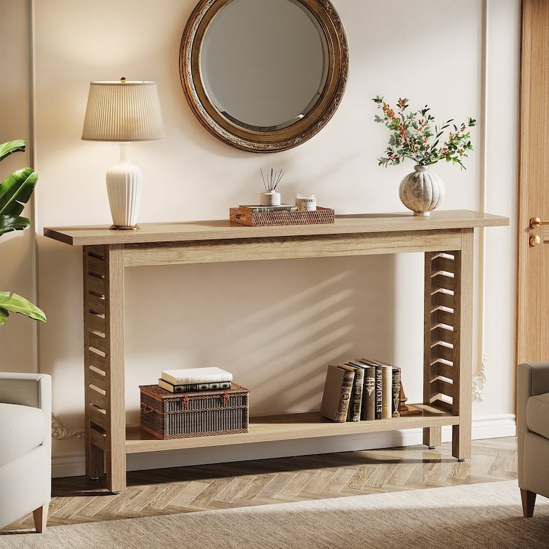 2-Tier Farmhouse Console Table for Foyer, Hallway, Living Room (Oak)