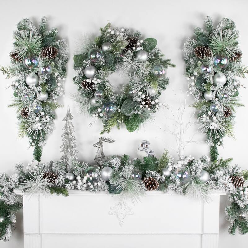 30" Flocked Pine Artificial Christmas Teardrop Swag with Iridescent Ornaments - Unlit