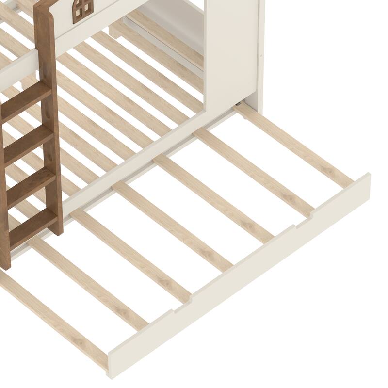 Queen over Queen Bunk Bed Rustic House Bunk Bed with Hooks Storage Shelves, Solid Wood Under-bed Storage Drawers or Trundle