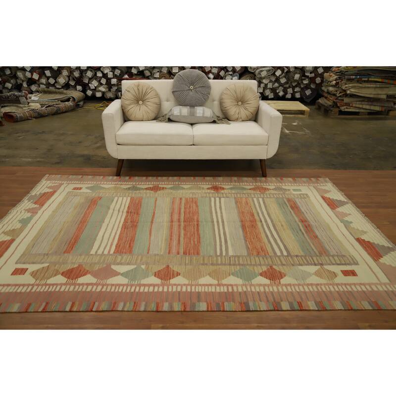 Hand Woven Oriental 100% Wool Carpet Southwestern Tribal Multi-Colored Kilim Area Rug - 8' 11'' X 6' 0''