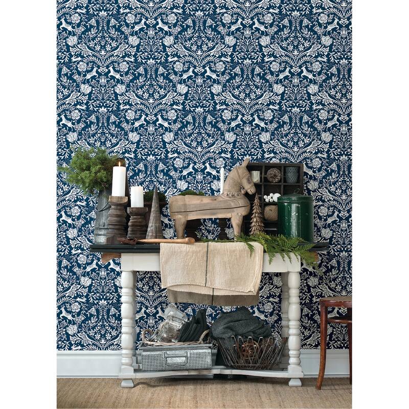 Chesapeake Forest Dance Navy Damask Wallpaper