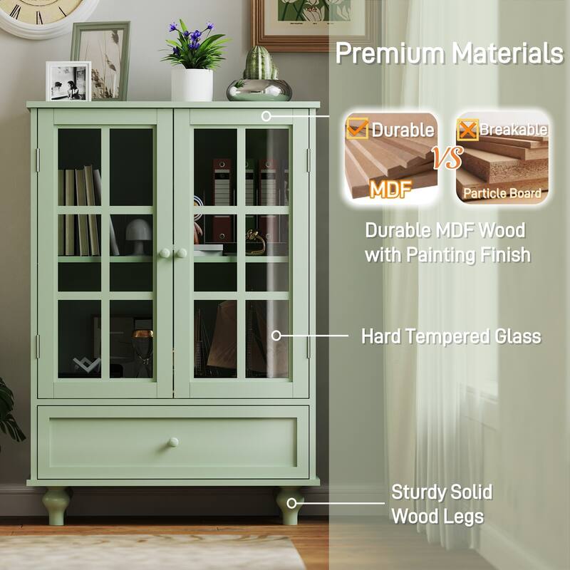 Accent Cabinet with Glass Doors and Drawers, Wooden Buffet and Sideboard Cupboard with Storage