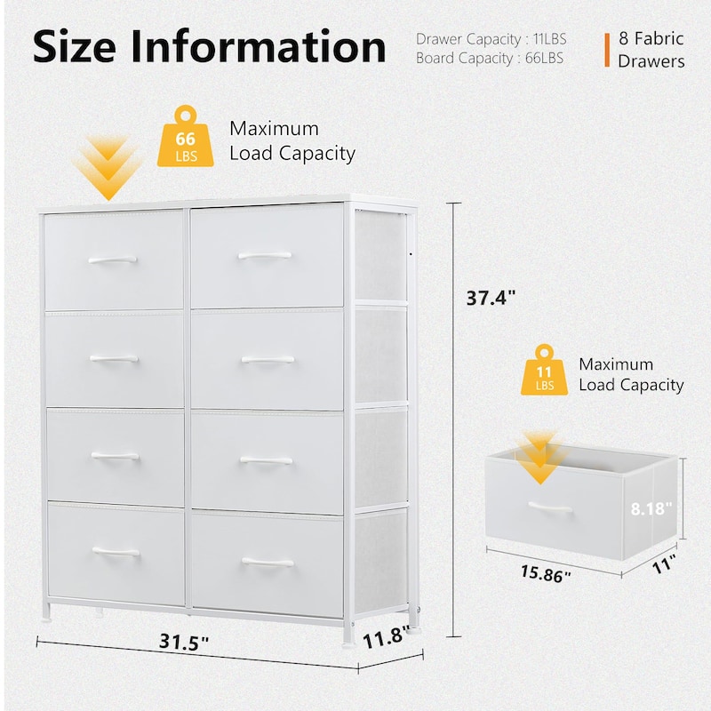 Stylish 8 Drawer Chest of Dressers for Bedroom, Tall Chest Organizer Tower with Wooden Top