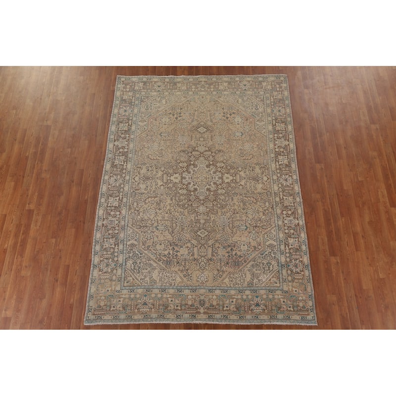 Geometric Tabriz Distressed Persian Rug Hand-knotted Wool Carpet - 6'7" x 9'0"