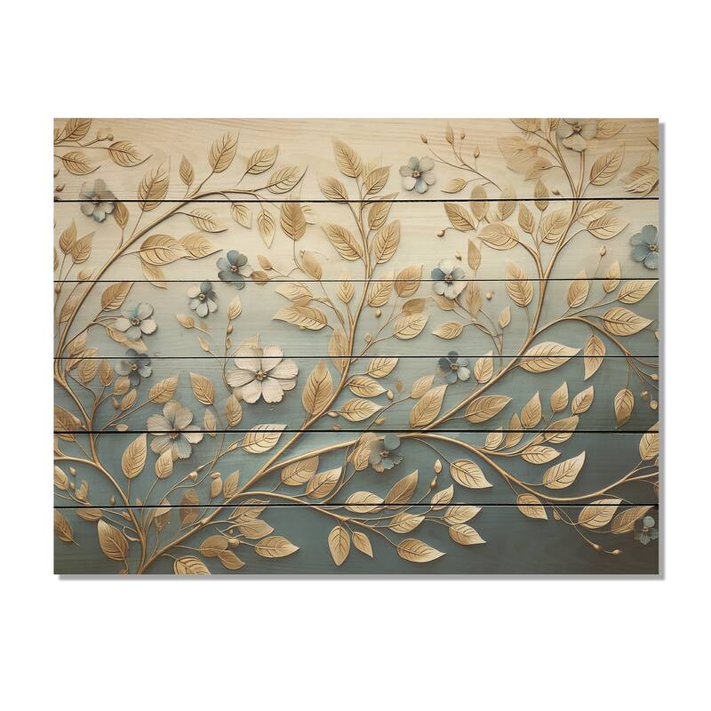Designart "Minimalism blue and gold botanical melody" Wreath Wood Wall Decor - Beige Wood Panel On Natural Pine Wood