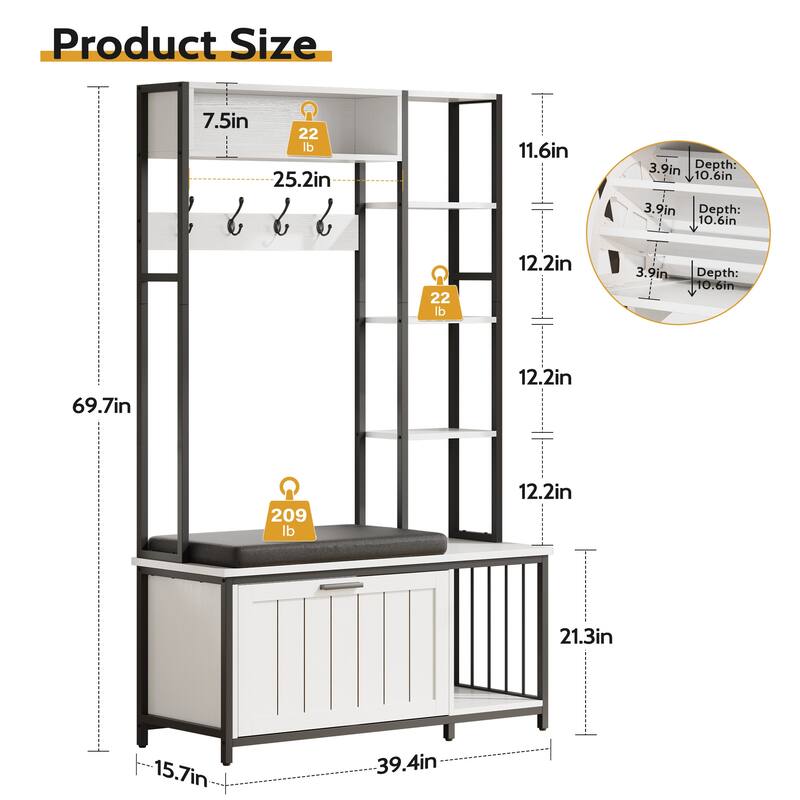 Hall Tree Coat Rack with Bench, Shoe Storage, 5 Cubbies & Hooks