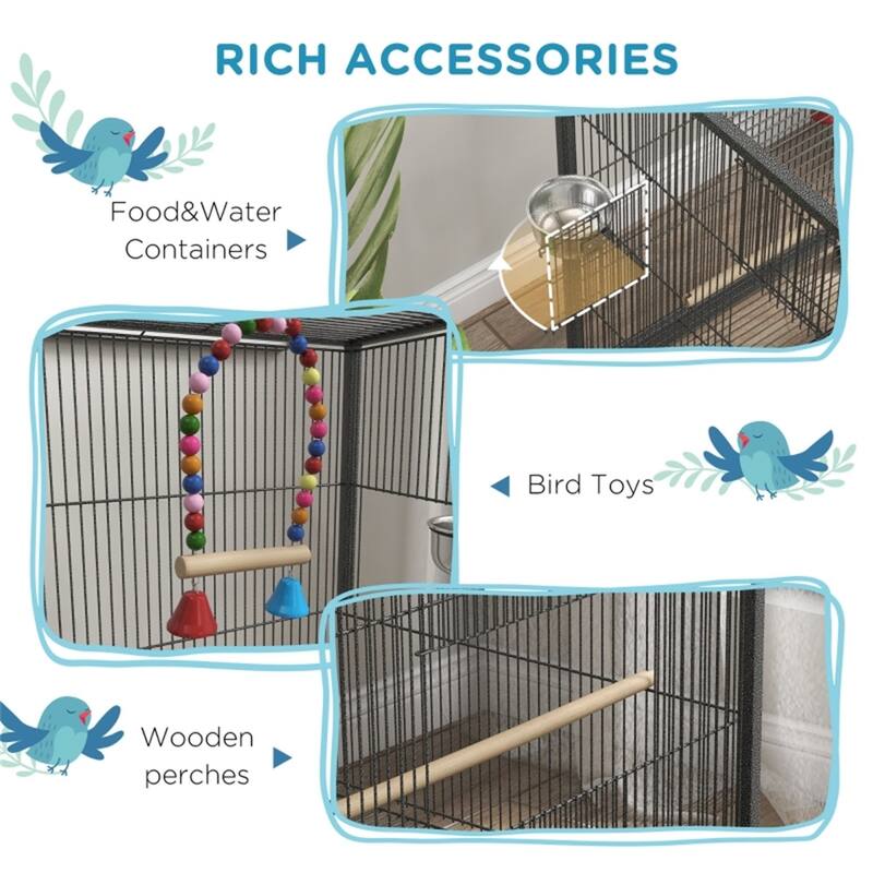 Gray Metal Bird Cage with Sliding Doors Perches Swing and Wheels for Small to Medium Birds - 19" L x 18" W x 29.25" H