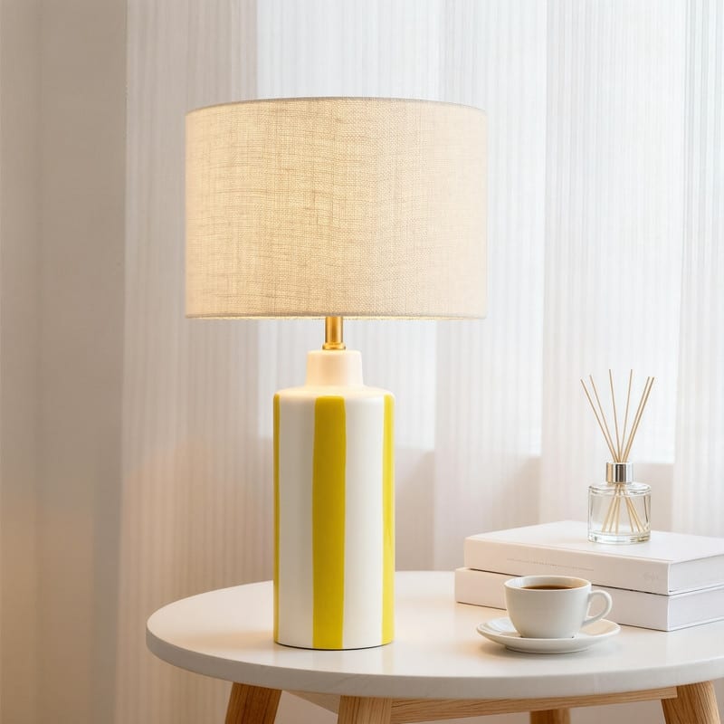 KAWOTI Modern White with Yellow Stripe Ceramic Table Lamp