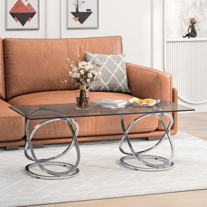 31.50" Modern Rectangle Glass Coffee Table with Ring-Shaped Frames