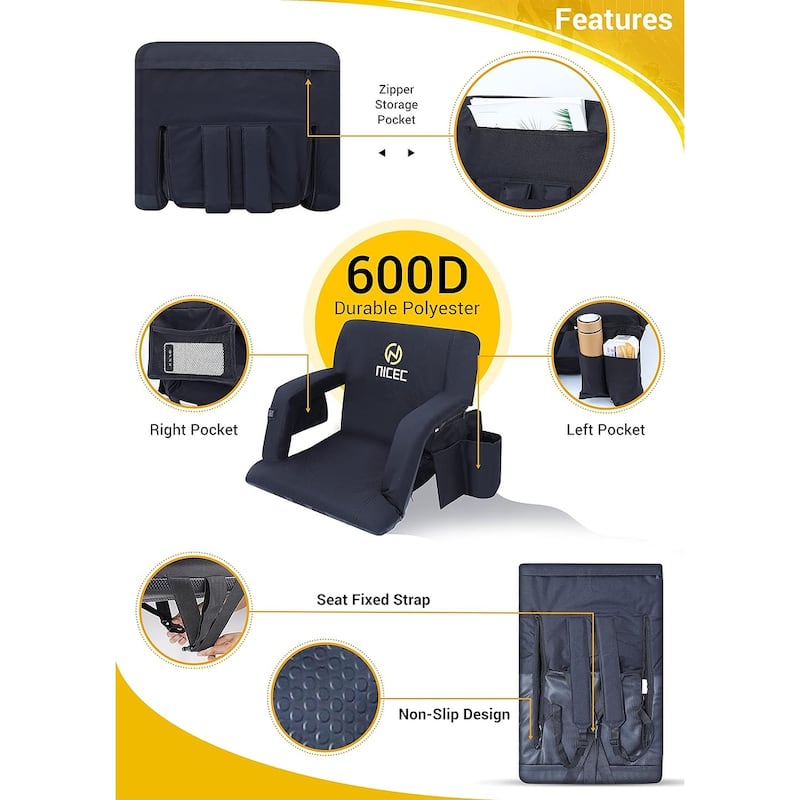 Heated Stadium Seats, Floor Chair, Bleacher Chairs, 5 Reclining Positions Waterproof Cushion