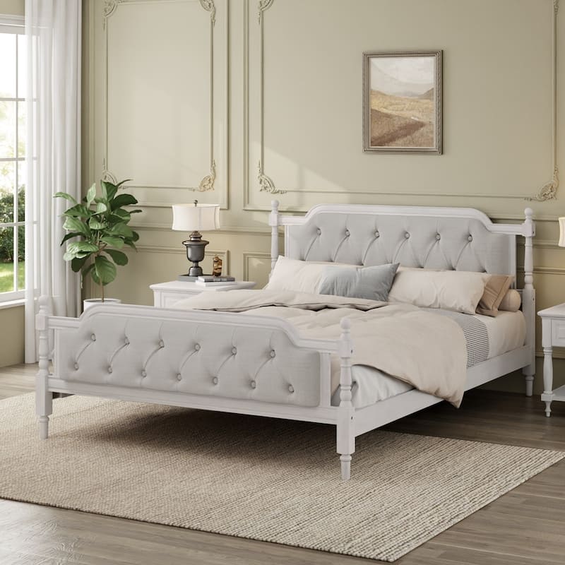 Linen Fabric Upholstered Tufted Headboard Wood Bed Frame - White - King
