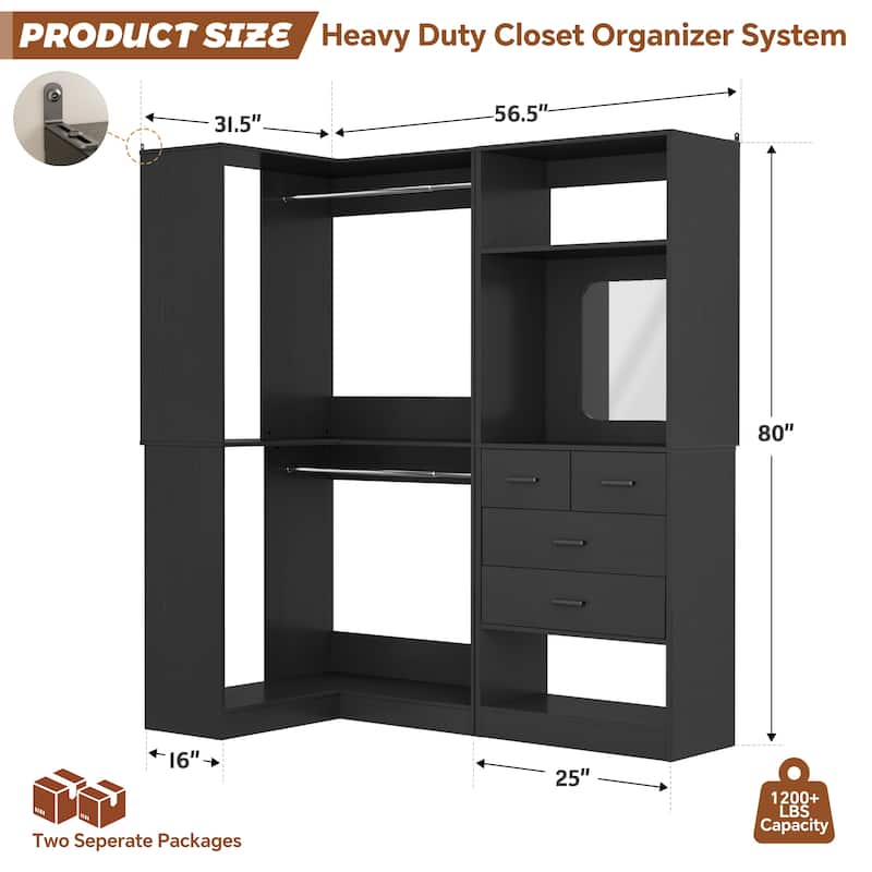 Cimly Set of 2 Corner Closet System WITH Drawers, Freestanding Closet Organizer with Hanging Rods and Shelves