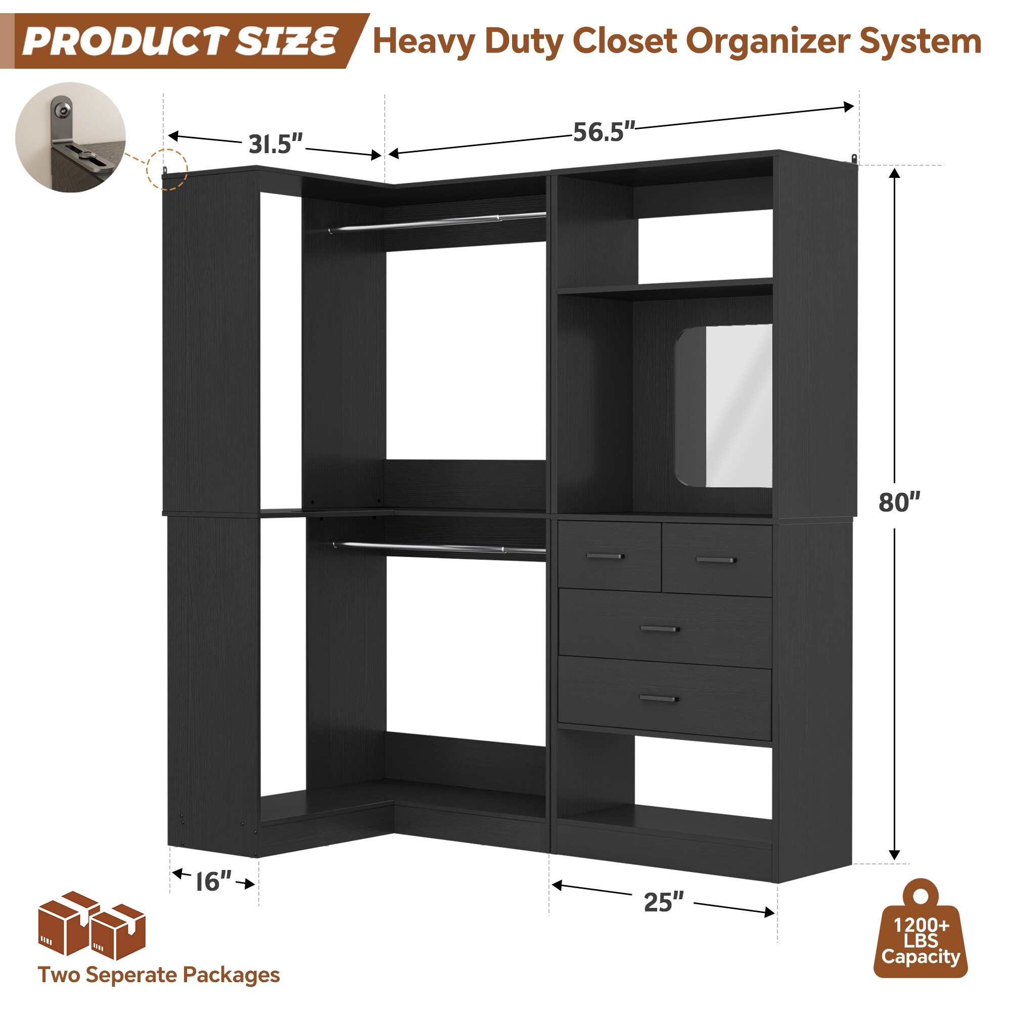 Cimly Set of 2 Corner Closet System with Drawers, Freestanding