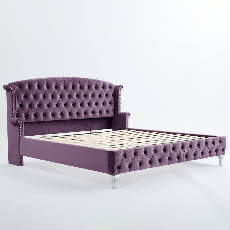 Christopher Knight Home - Larkswood Velvet Upholstered King Size Bed Frame with Wingback Headboard