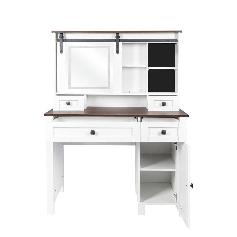 Roomfitters Farmhouse Makeup Vanity with Mirror and LED Lights, 41.73" Dressing Table with 4 Drawers and Cabinet, White + Walnut