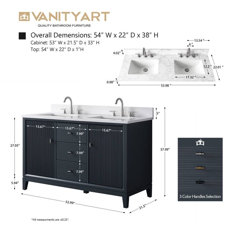 Vanity Art 54" Freestanding Bathroom Vanity with Engineered Marble Top and Sinks