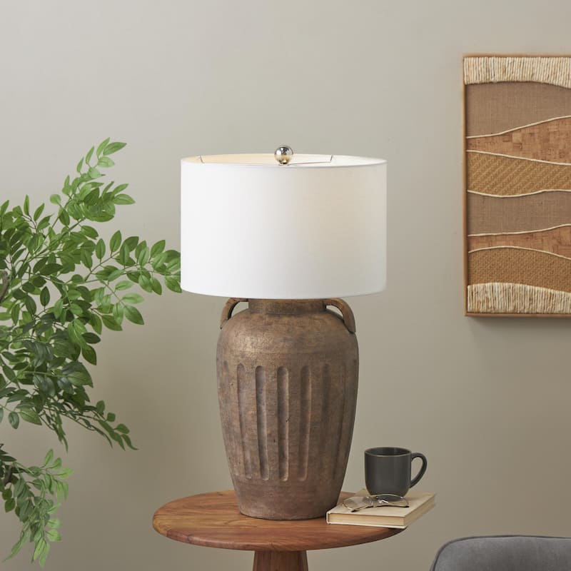 Ceramic Distressed Antique Style Pot Vase Room Table Lamp with Cream Linen Shade - Brown, Black, Cream - Roche River Decor