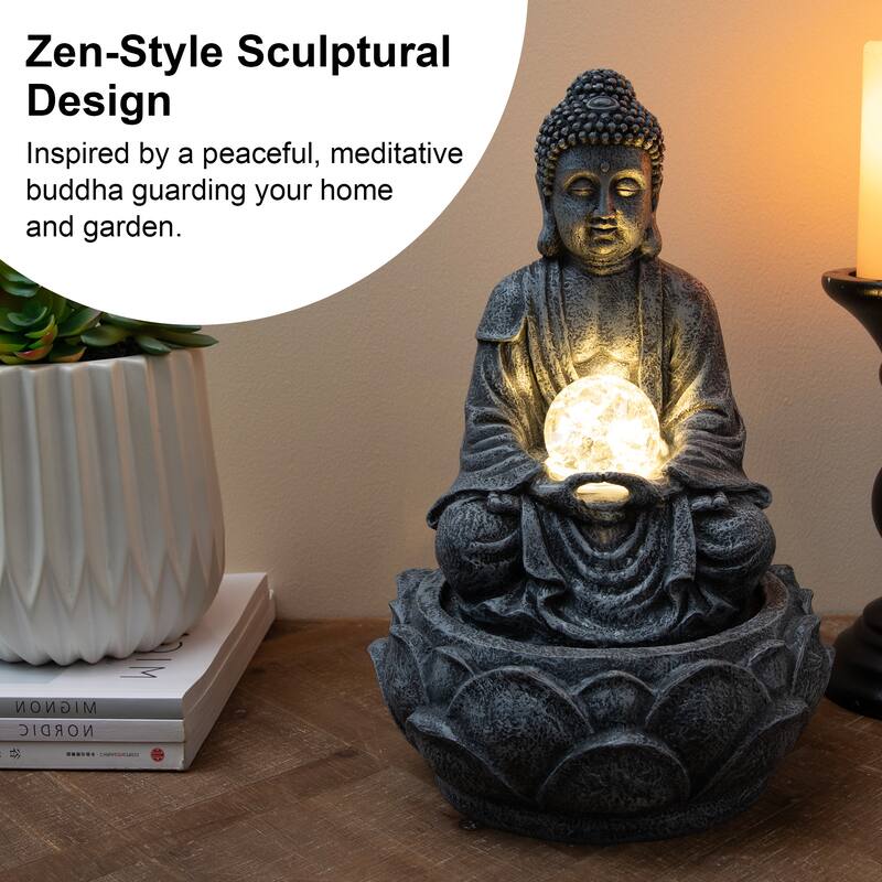 Glitzhome 12"H Zen-Style Polyresin Table Fountain with Pump and LED Light